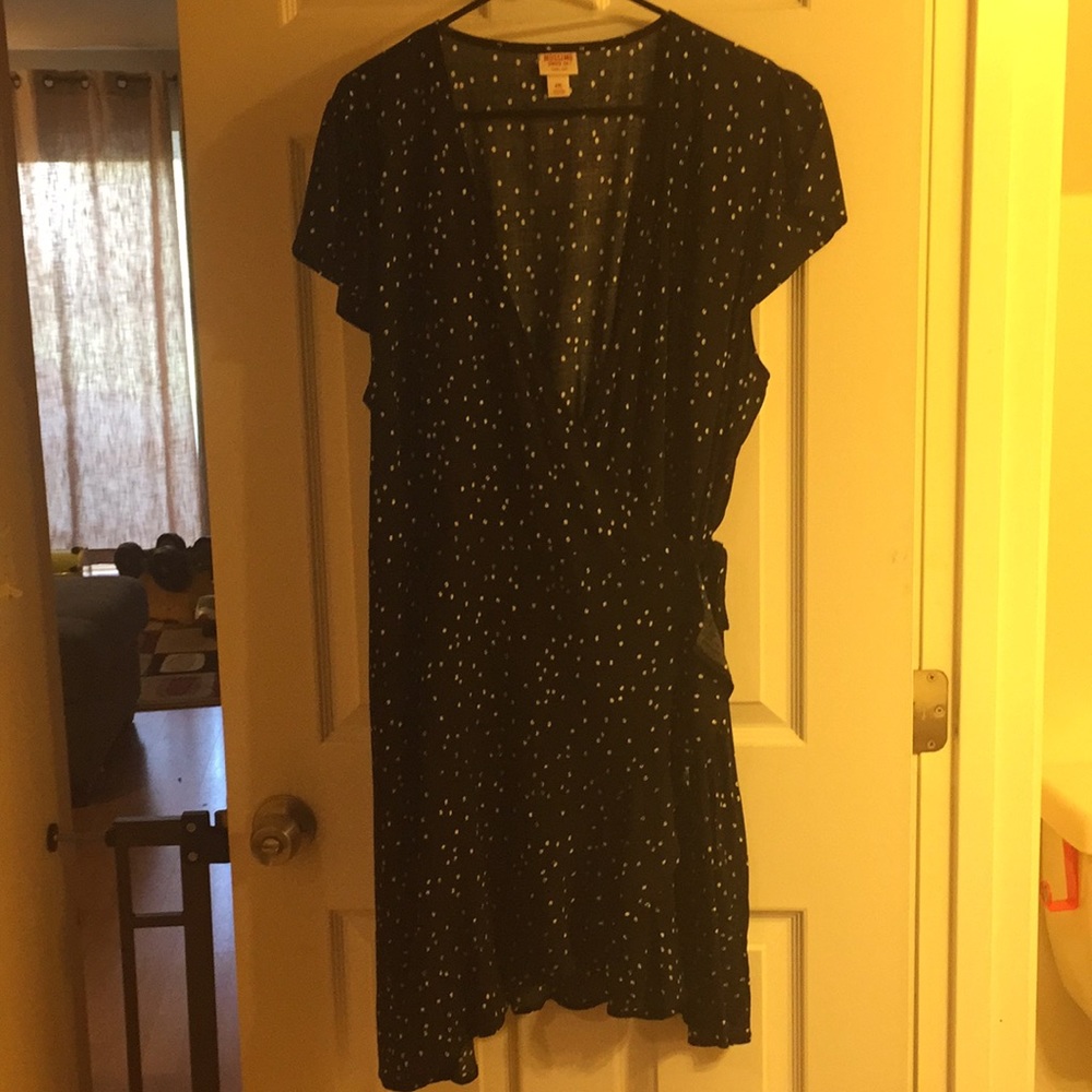 Black and white polka dot wrap dress